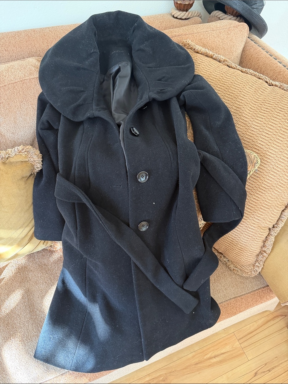 Calvin Klein Women's Black Wool Blend Trench Coat with Belt